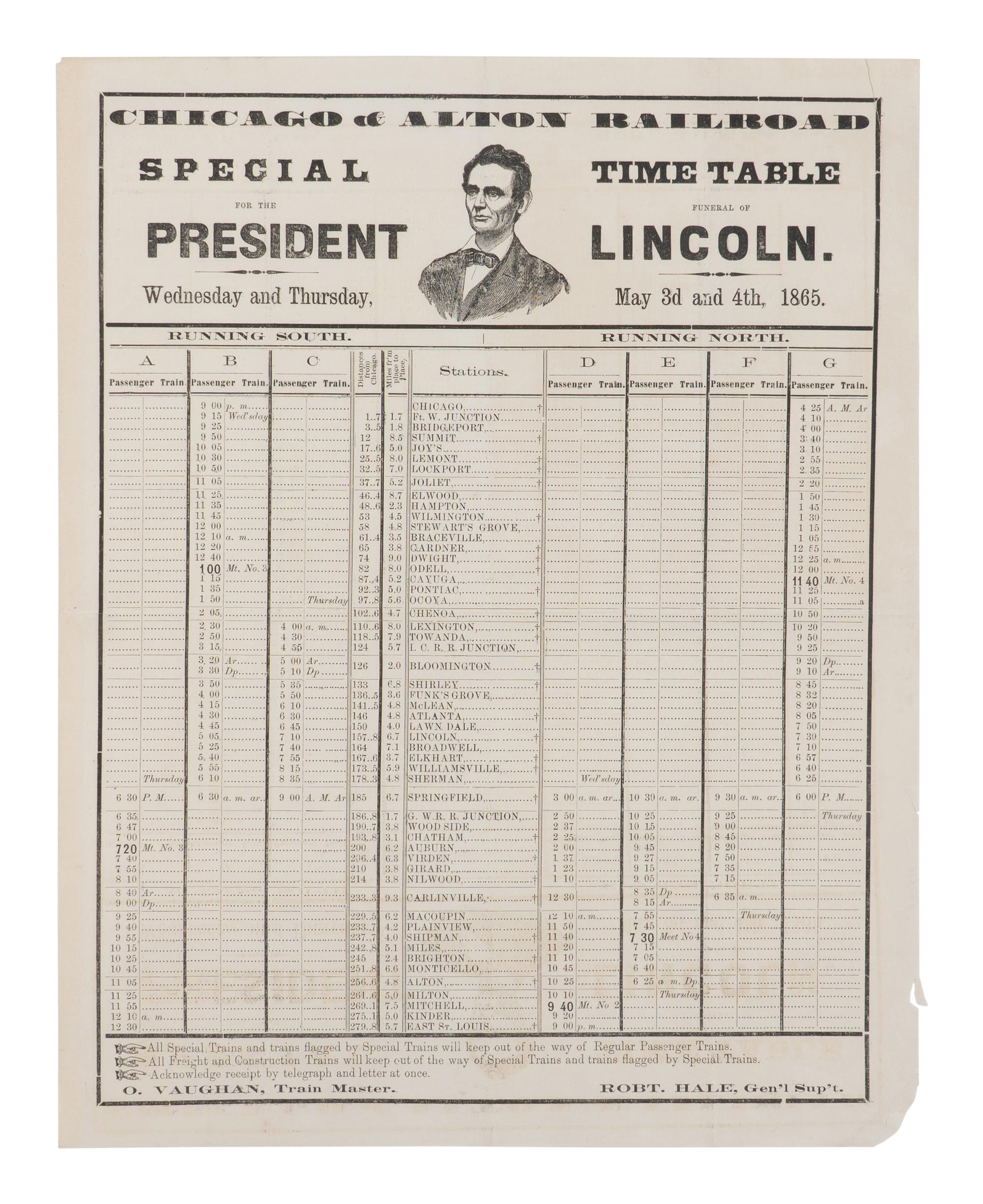 [LINCOLN FUNERAL]. Special Time Table for the Funeral of President Lincoln . Chicago: Chicago & Alton Railroad, 3-4 May 1865.