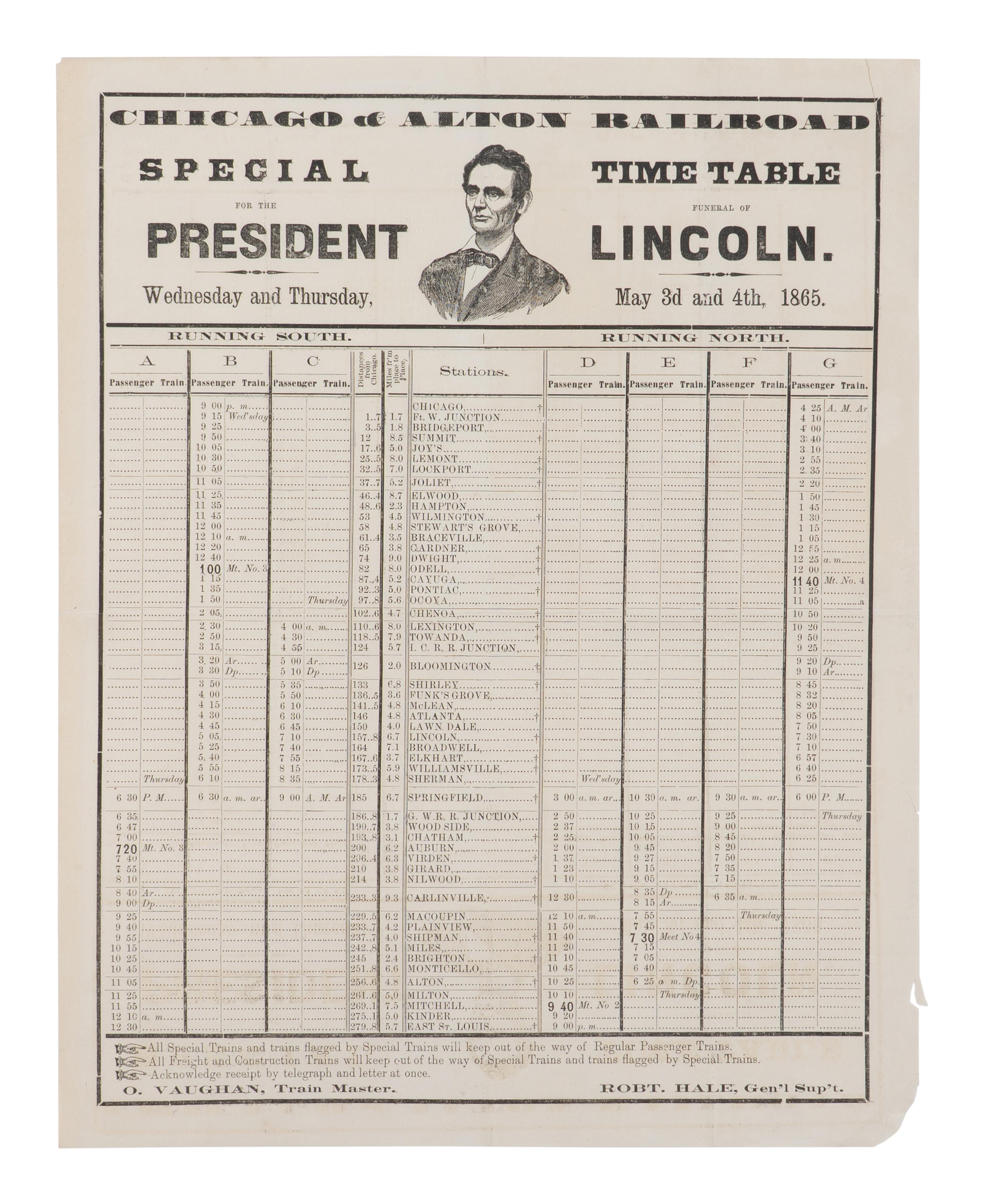 [LINCOLN FUNERAL]. Special Time Table for the Funeral of President Lincoln . Chicago: Chicago & Alton Railroad, 3-4 May 1865.