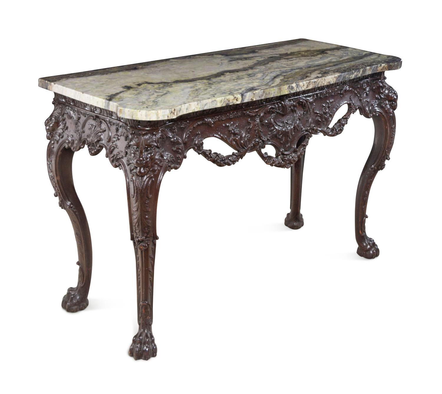 A Pair of George II Style Carved Walnut Marble-Top Pier Tables