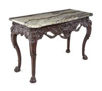 A Pair of George II Style Carved Walnut Marble-Top Pier Tables