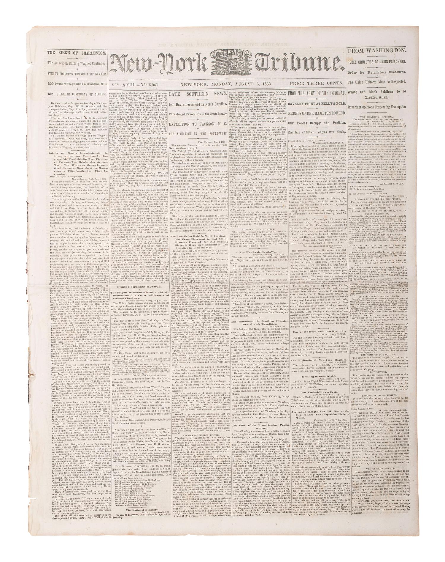 [CIVIL WAR]. A group of 7 war-date newspapers reporting on matters involving slavery and African American troops, highlighted by coverage of the 54th Massachusetts Infantry's actions at Battery Wagner. 1862-1864.