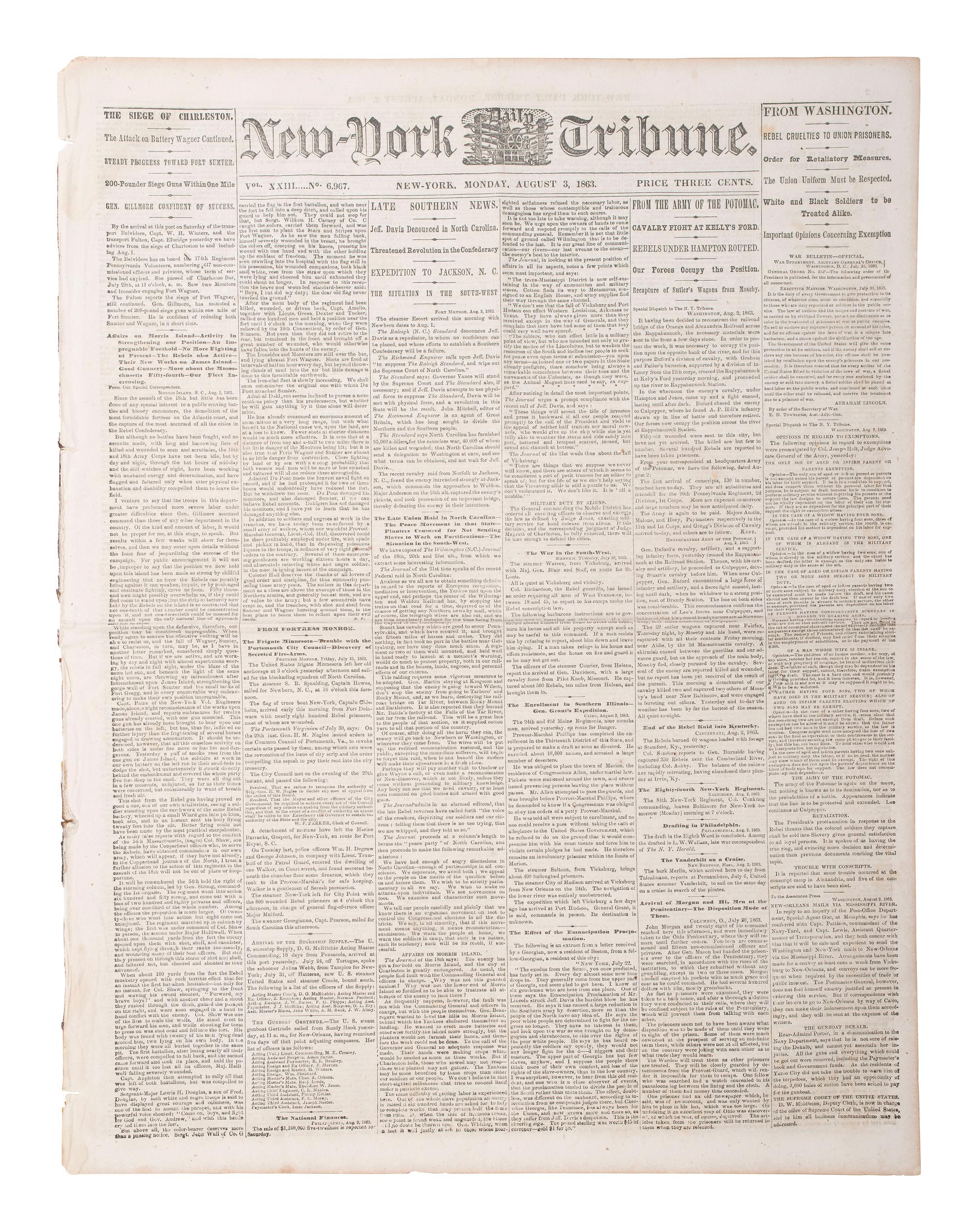 [CIVIL WAR]. A group of 7 war-date newspapers reporting on matters involving slavery and African American troops, highlighted by coverage of the 54th Massachusetts Infantry's actions at Battery Wagner. 1862-1864.