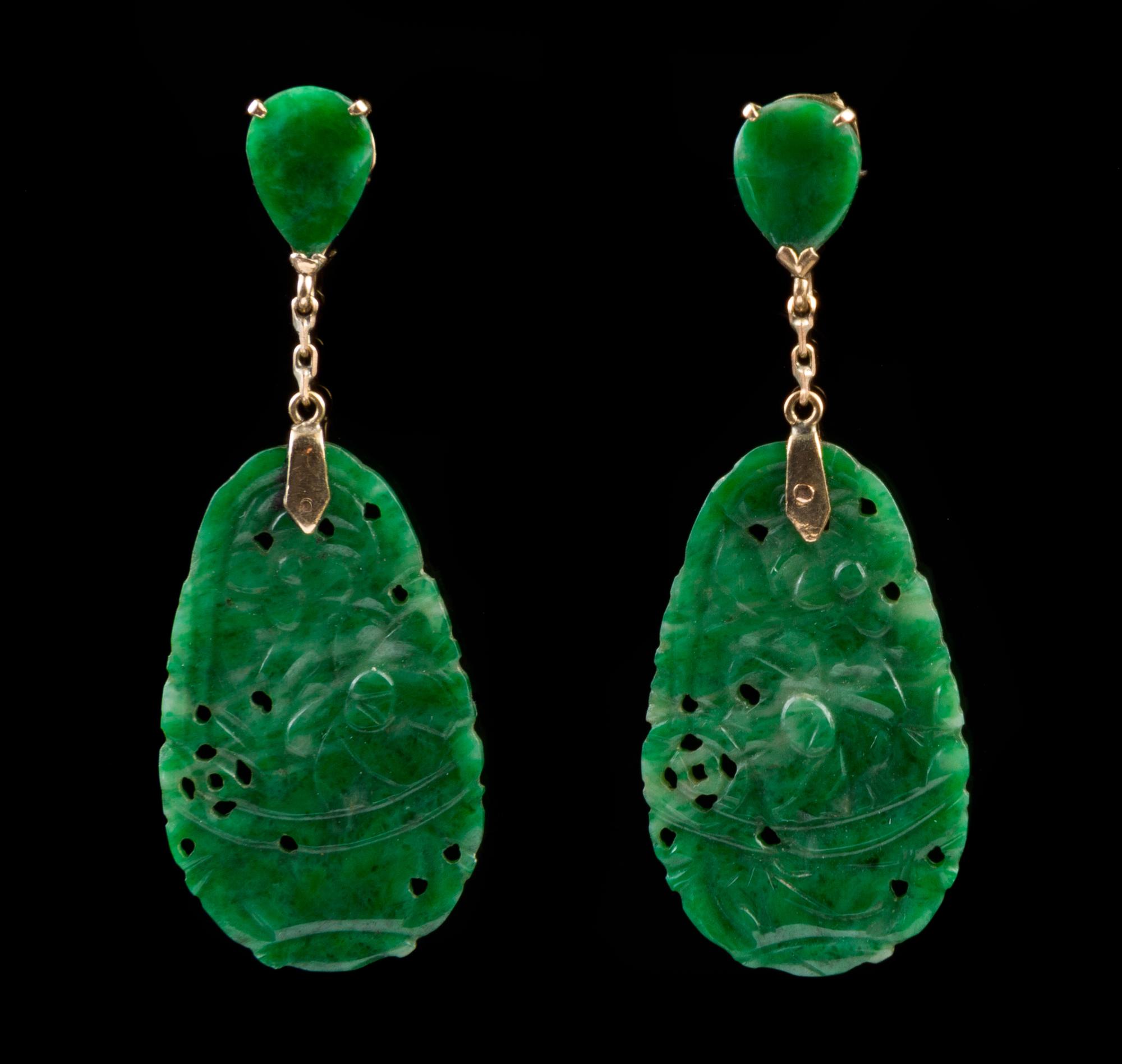 A Pair of Jadeite Plaque Earrings Height 2 inches.