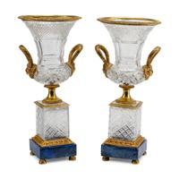 A Pair of Cut Glass, Gilt Bronze and Lapis Lazuli Urns