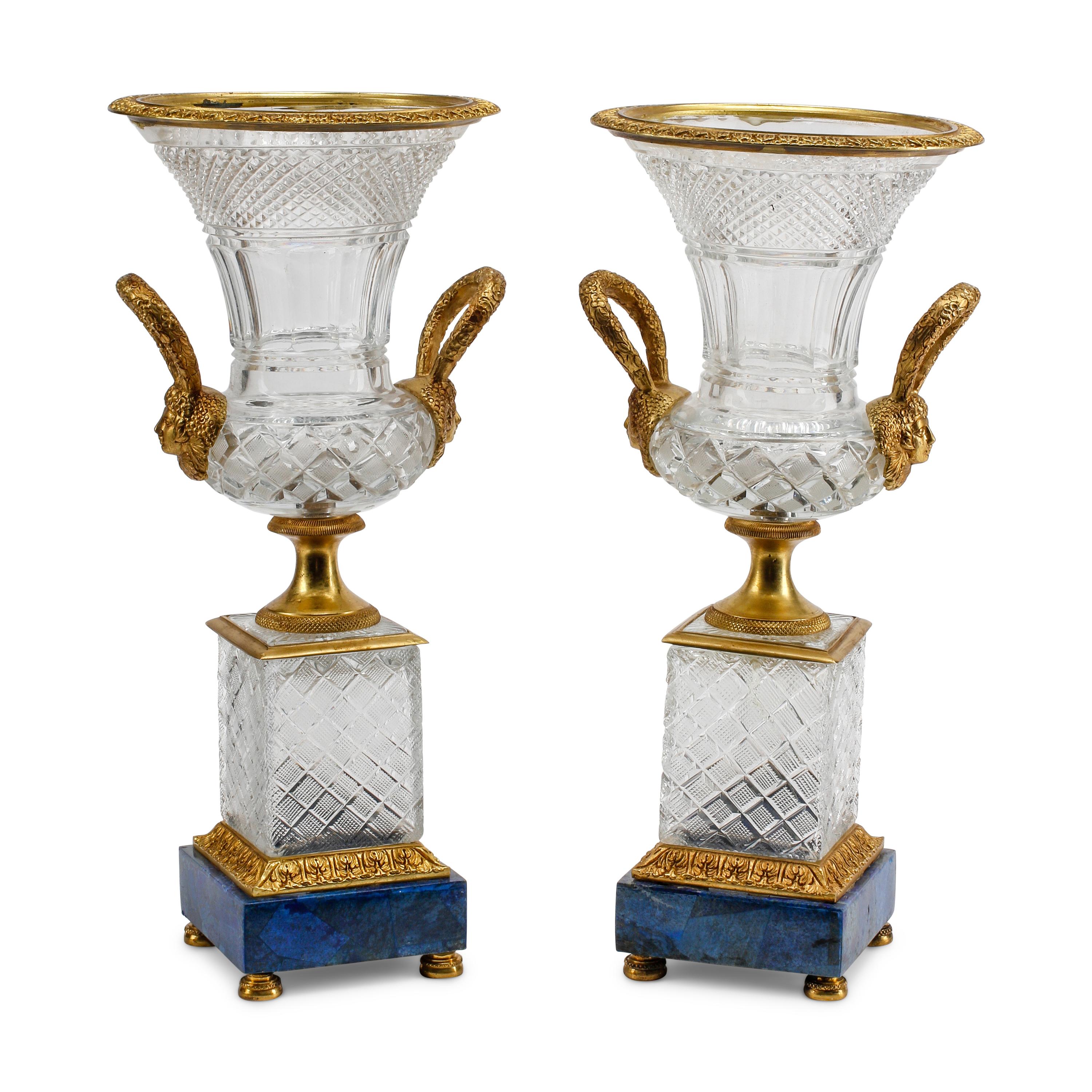 A Pair of Cut Glass, Gilt Bronze and Lapis Lazuli Urns