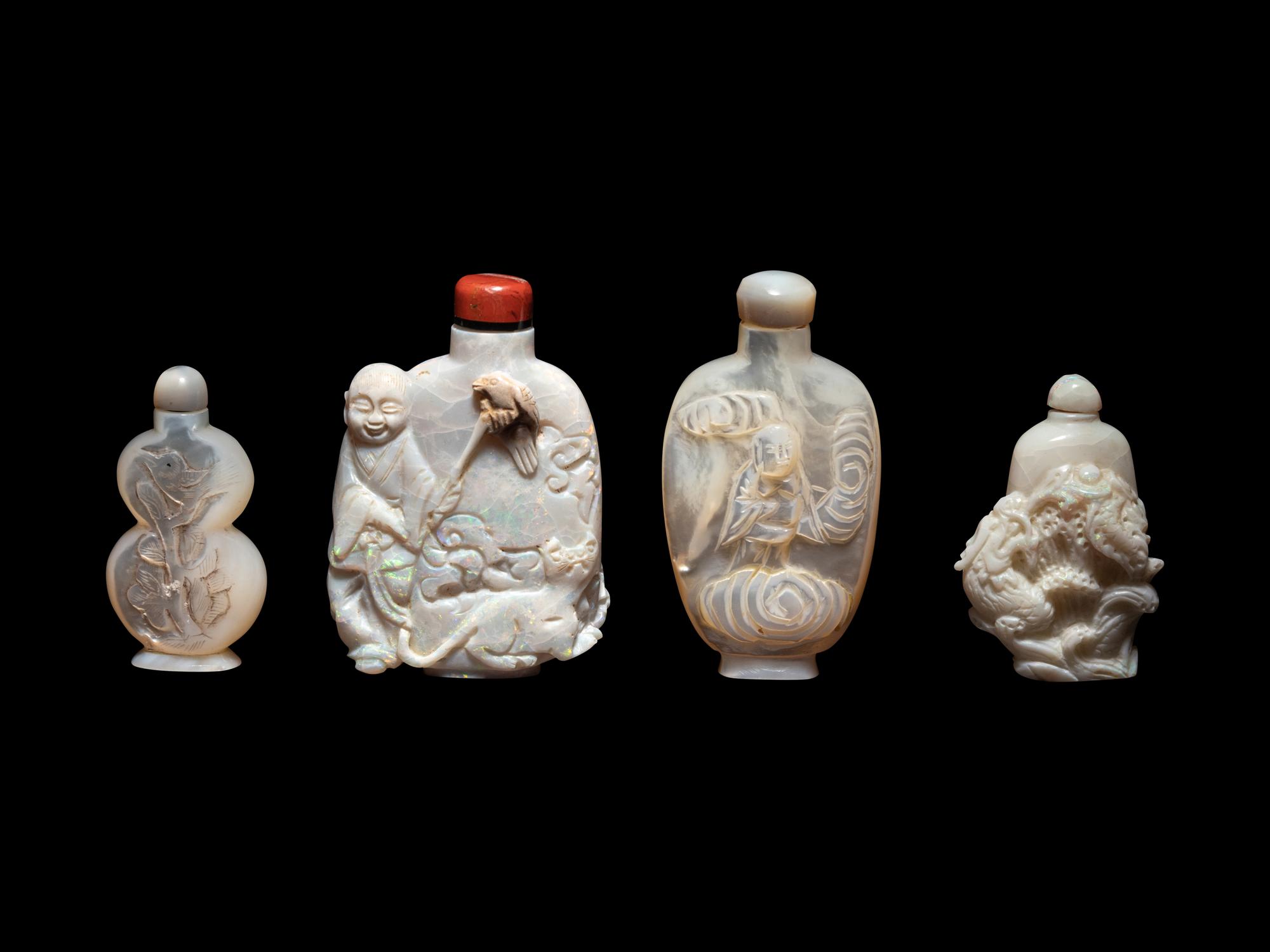 Four Carved Opal and Mother-of-Pearl Snuff Bottles