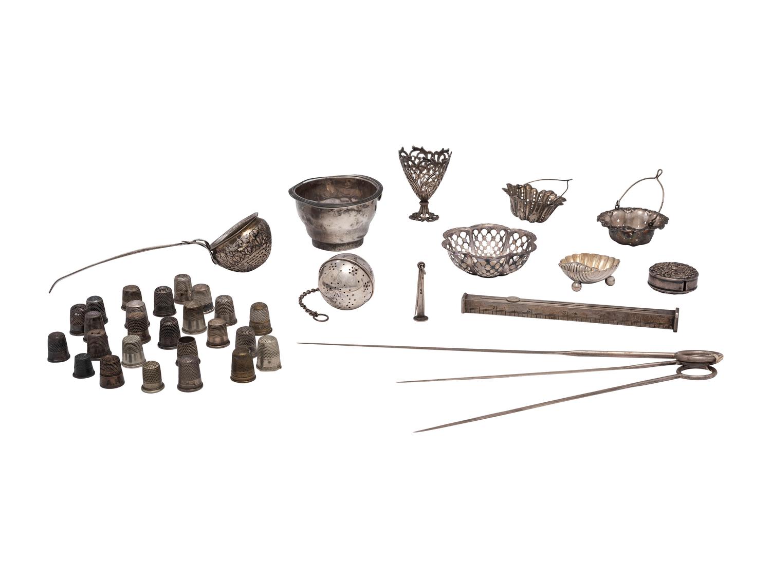 Thirty-Eight Silver Table Wares and Sewing Accessories