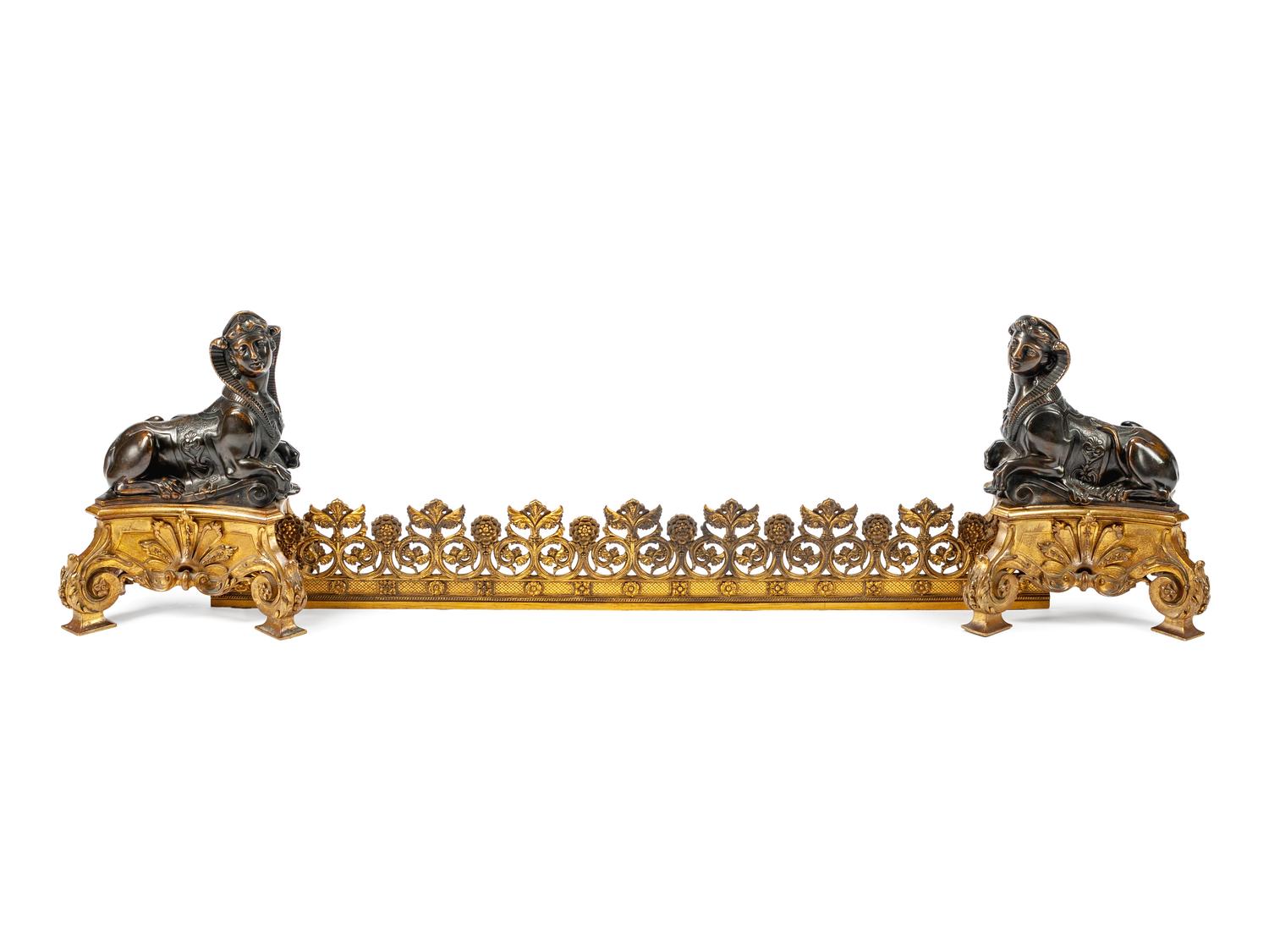 A Pair of Empire Style Parcel-Gilt and Patinated Bronze Chenets
