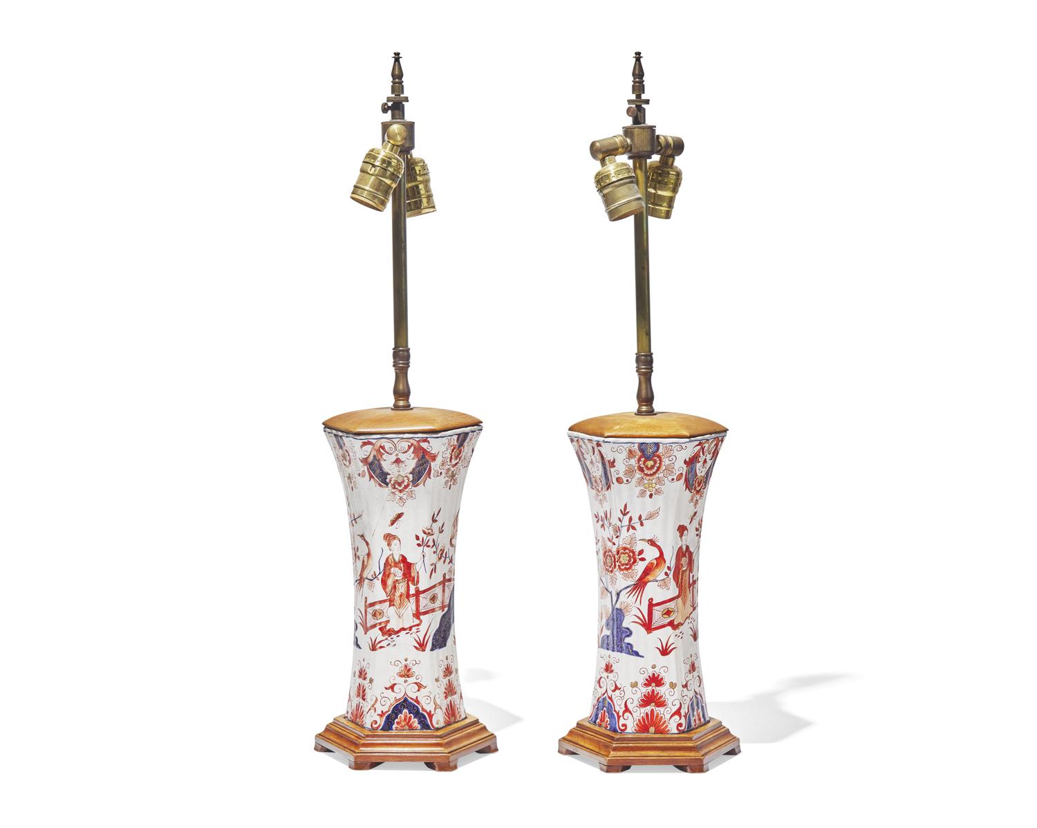 A pair of Dutch Delft Chinoiserie vases in the Imari palette, mounted as table lamps, the vases likely 18th century