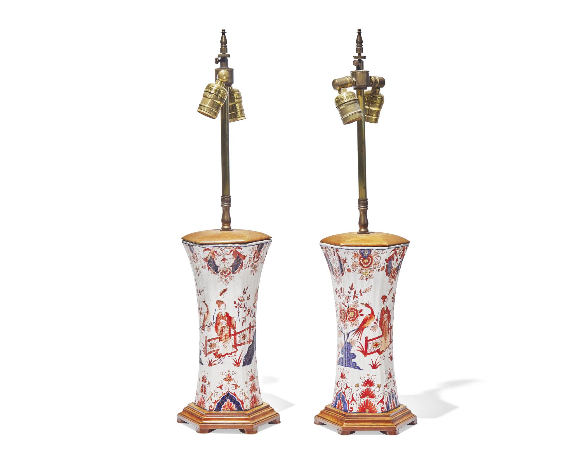A pair of Dutch Delft Chinoiserie vases in the Imari palette, mounted as table lamps, the vases likely 18th century