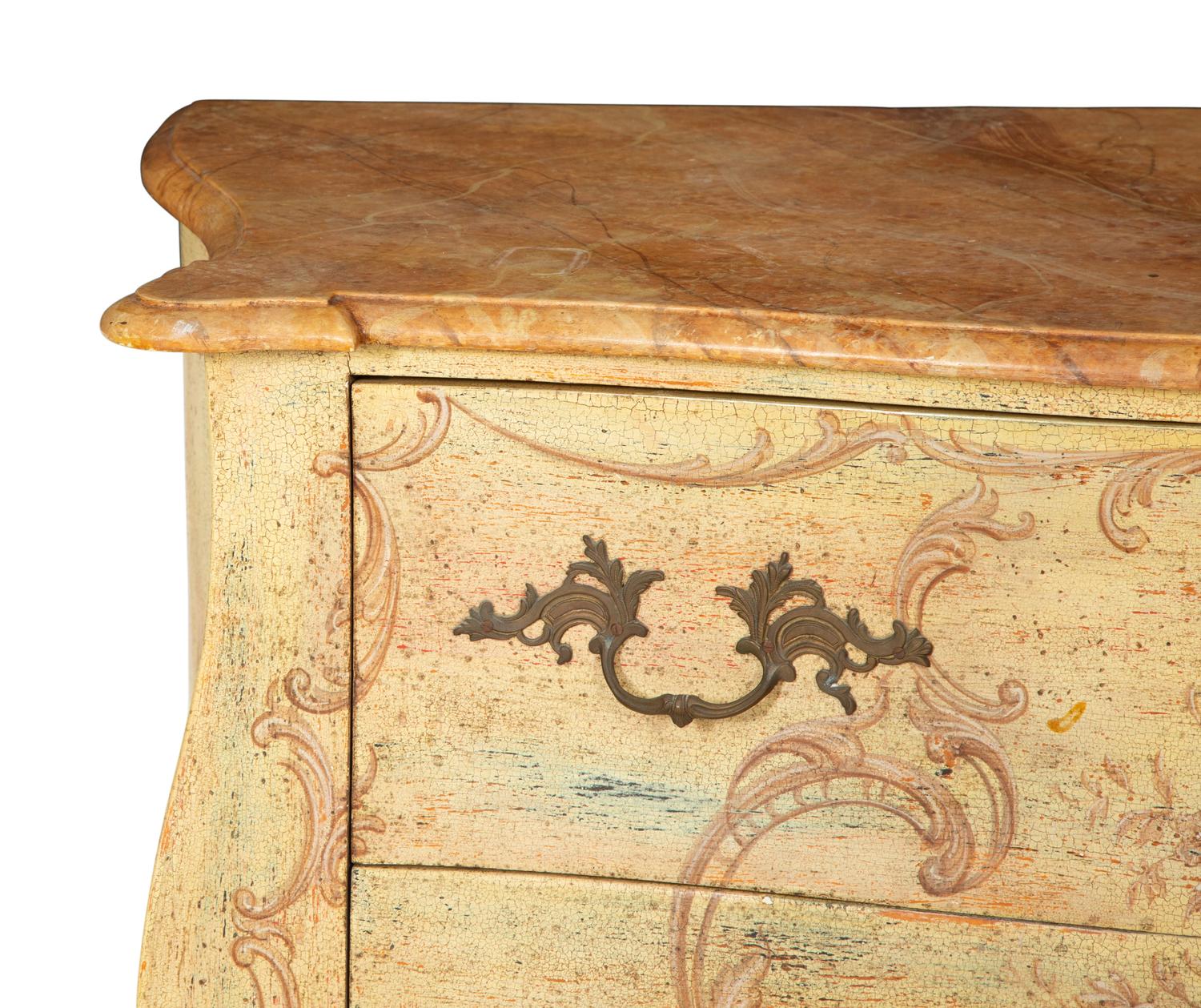 A Venetian Style Painted Faux Marble-Top Bombé Commode