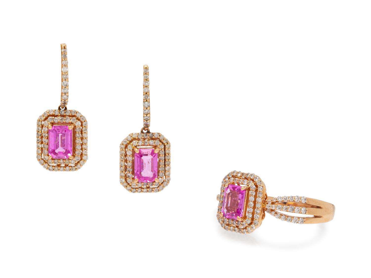 A 14 Karat Rose Gold, Pink Sapphire and Diamond Demi-Parure,
