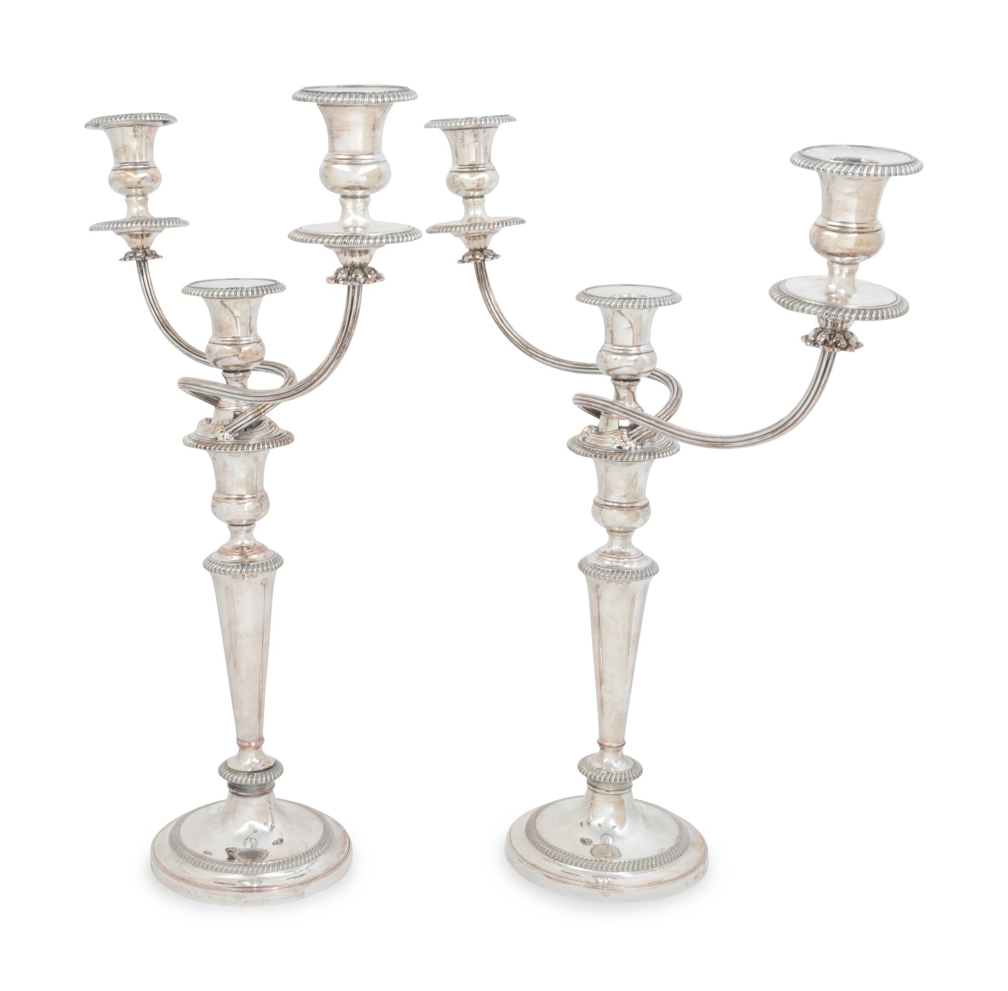 A Pair of English Silver-Plate Three Light Candelabra
