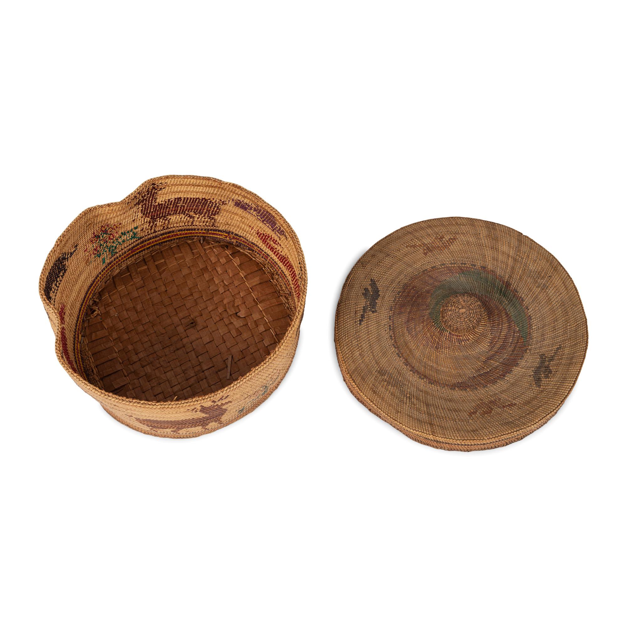 Large Nuu-chah-nulth / Makah Polychrome Lidded Basket, with Woodland Critters