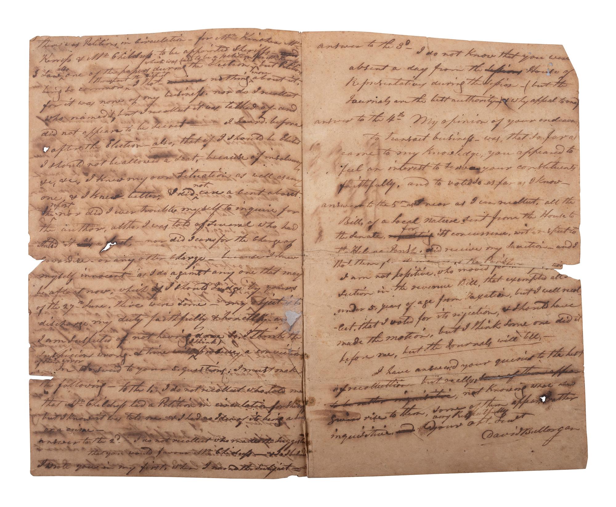[WAR OF 1812]. MORGAN, General David B. Morgan (ca 1772-1848). Autograph letter signed. August 1829.