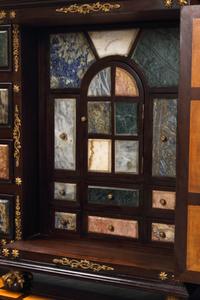 A Pair of Italian Specimen Marble-Inset and Gilt Bronze Mounted Collector's Cabinets on Stands