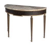 A Pair of Regency Style Painted Demilune Marble-Top Console Tables