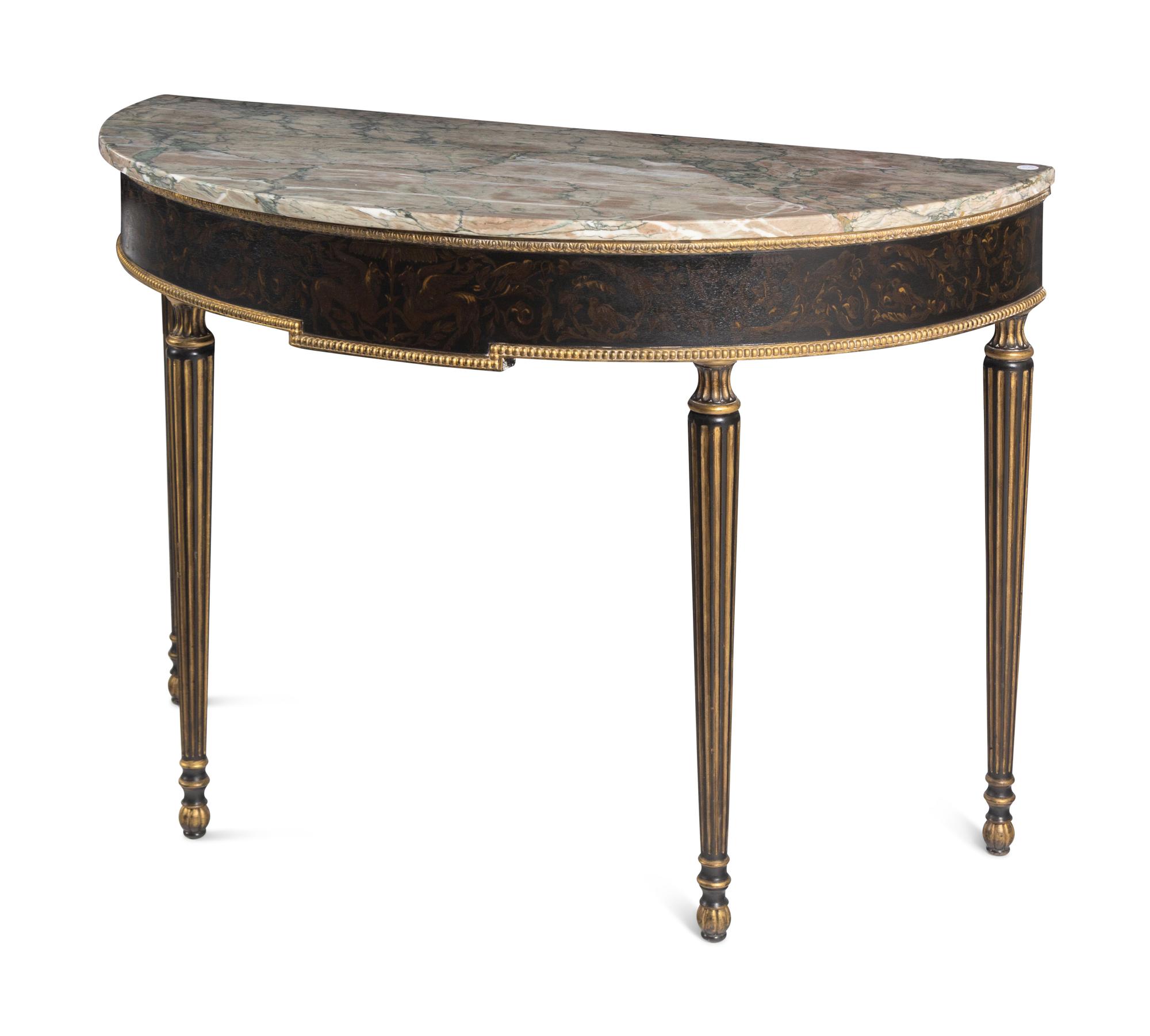 A Pair of Regency Style Painted Demilune Marble-Top Console Tables