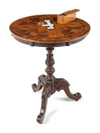 A Victorian Marquetry Game Table, Gaming Set and Treen Box