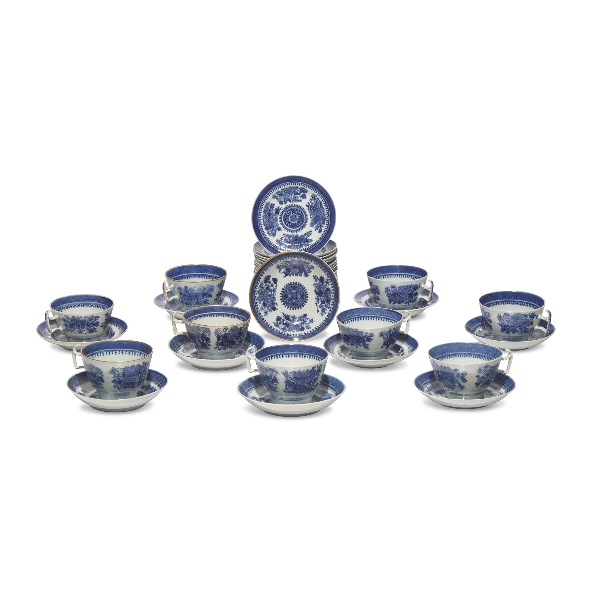 A Collection of Forty-Two Chinese Export Porcelain Fitzhugh Teacups and Saucers