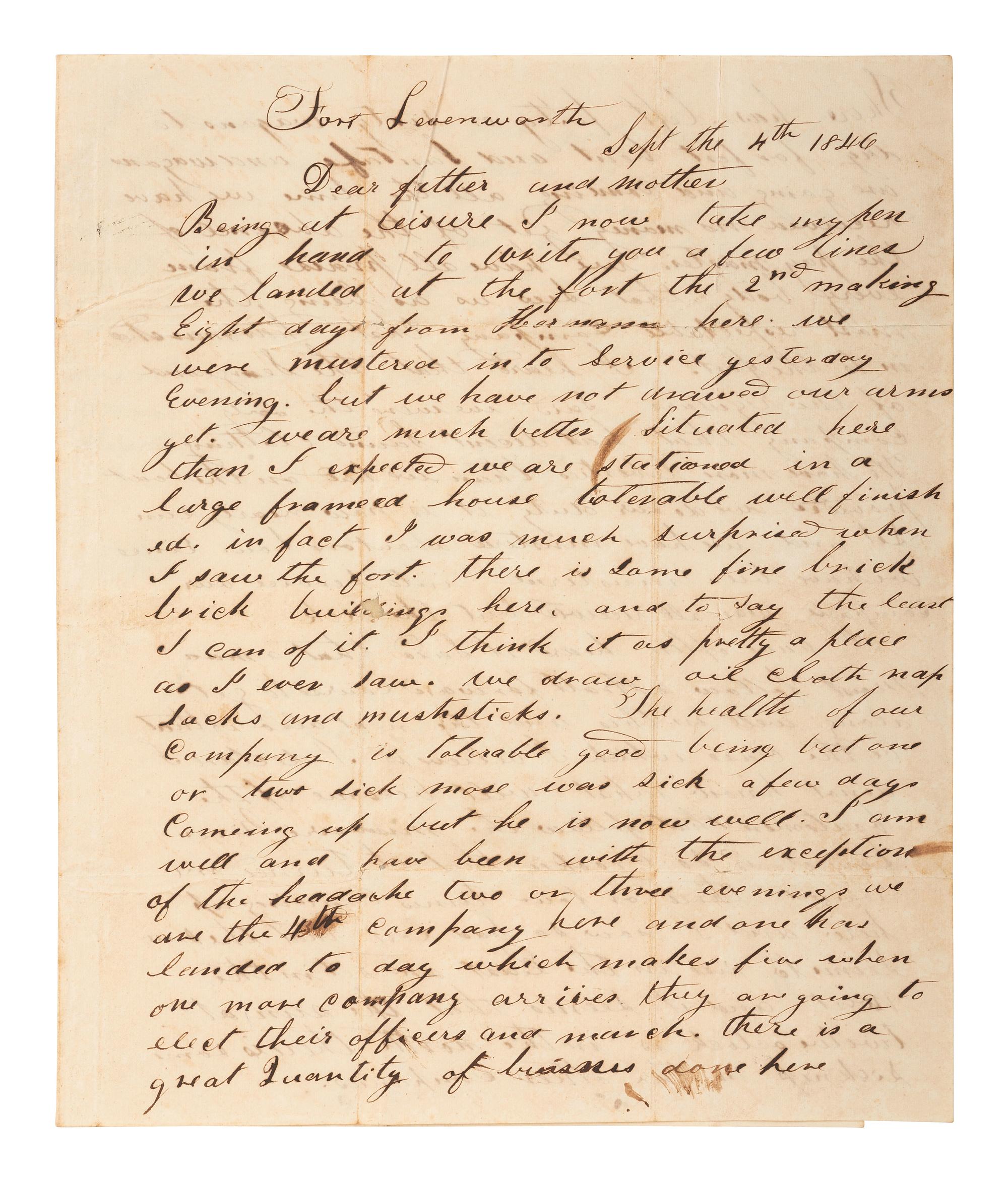 [MILITARIA]. 2 soldier's letters from Fort Leavenworth, each incl. Fort Leavenworth postmark.