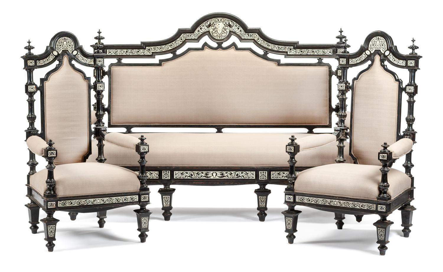 An Italian Inlaid and Ebonized Salon Suite Height of sofa 54 1/2 x width 73 x depth 28 inches. — 19TH CENTURY