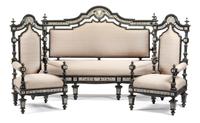 An Italian Inlaid and Ebonized Salon Suite Height of sofa 54 1/2 x width 73 x depth 28 inches. — 19TH CENTURY
