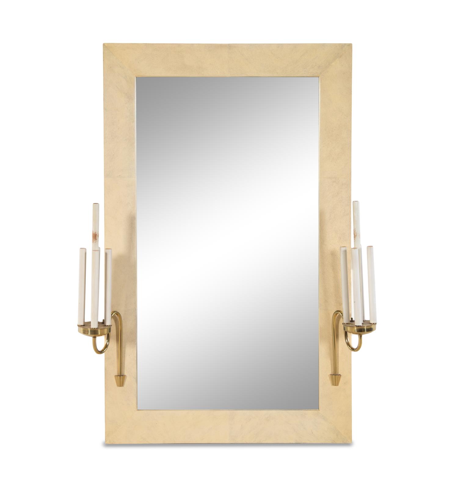 A Faux Parchment-Painted Girandole Mirror in the Style of Karl Springer