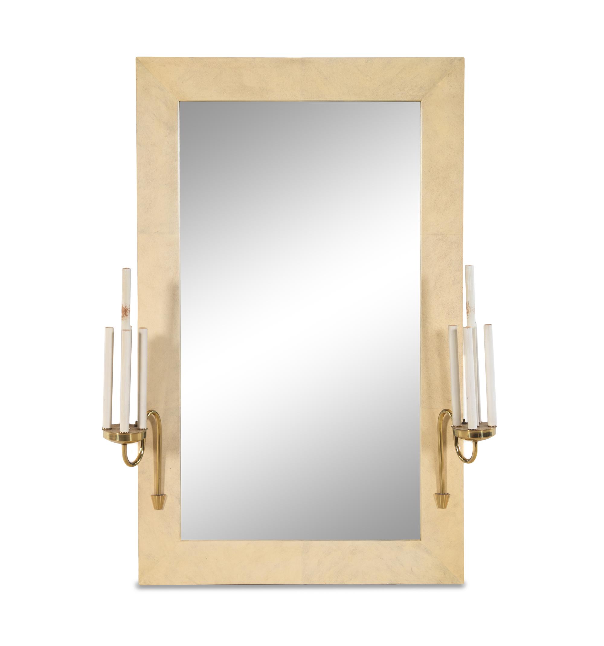 A Faux Parchment-Painted Girandole Mirror in the Style of Karl Springer