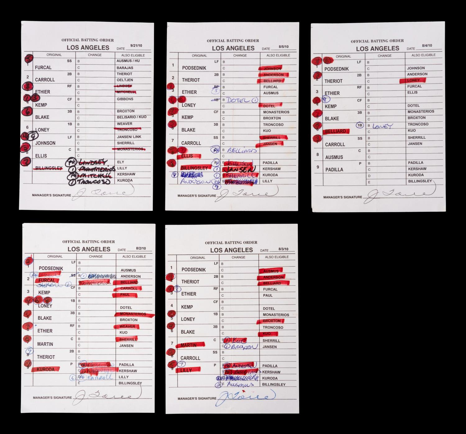 A Group of Five 2010 Joe Torre Signed Autograph Los Angeles Dodgers Umpire Lineup Cards from The Collection of Baseball Hall of Famer Ted Simmons,