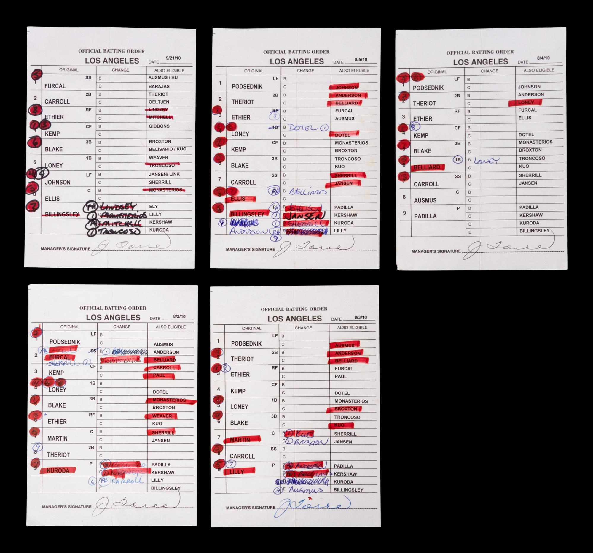 A Group of Five 2010 Joe Torre Signed Autograph Los Angeles Dodgers Umpire Lineup Cards from The Collection of Baseball Hall of Famer Ted Simmons,