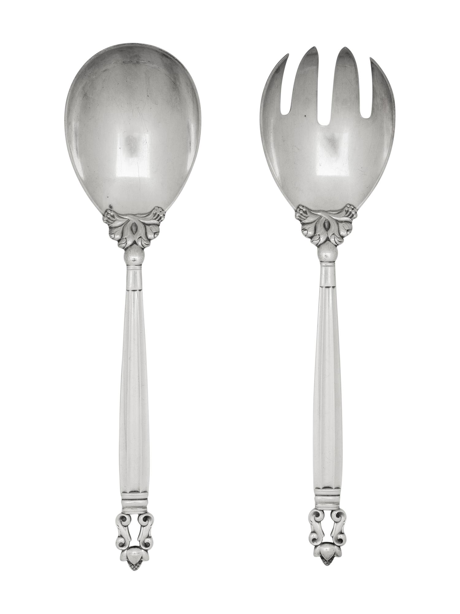 A Georg Jensen Acorn Silver Salad Serving Set