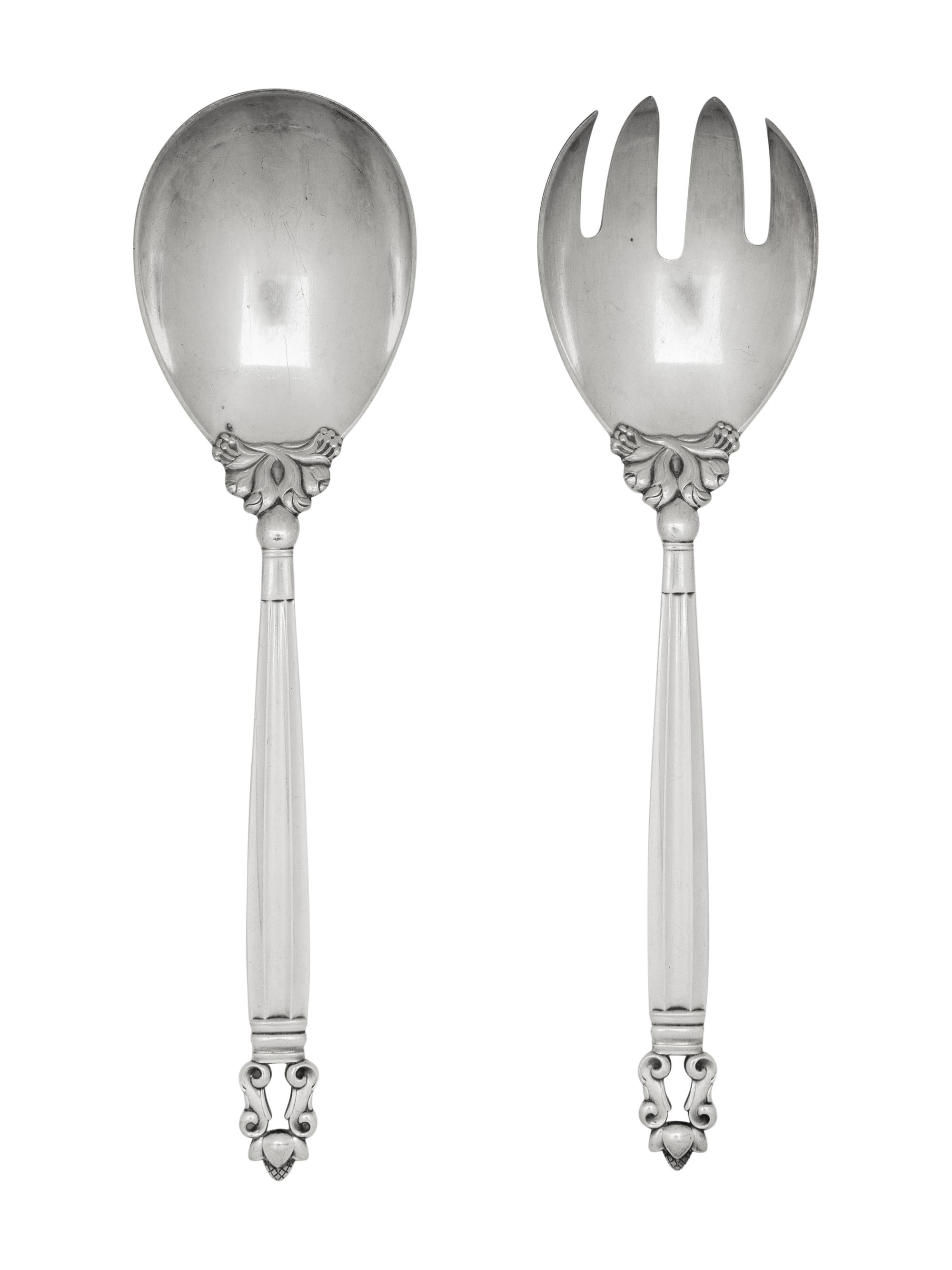 A Georg Jensen Acorn Silver Salad Serving Set