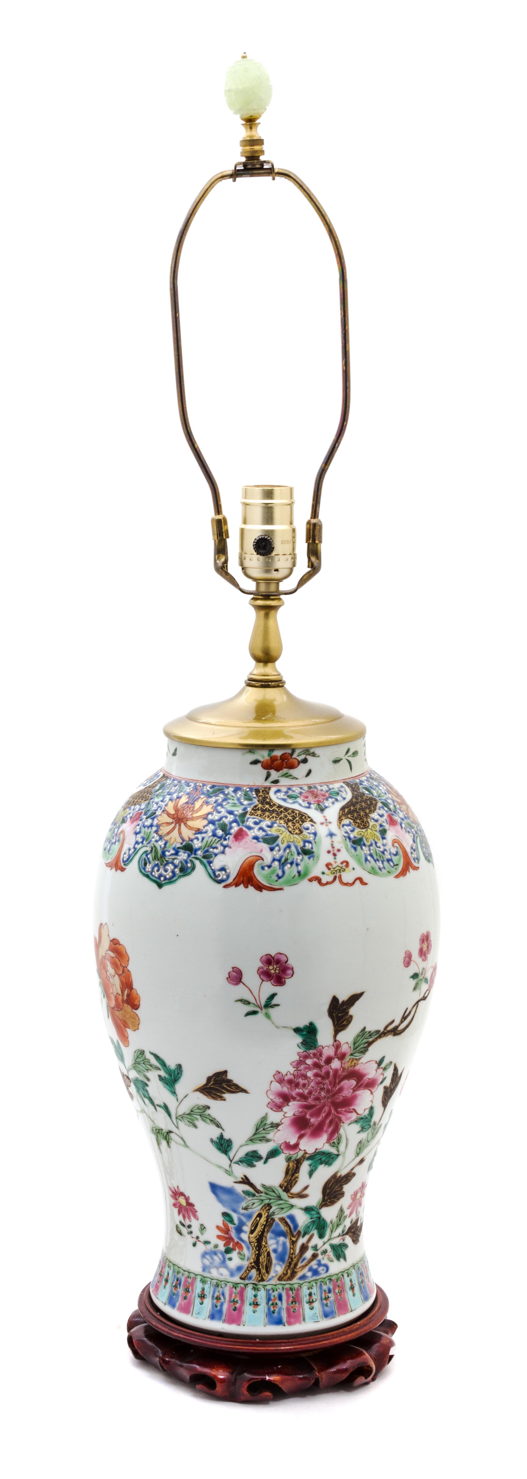 A Chinese Export Painted Porcelain Lamp Height of vase 14 inches. — 20TH CENTURY