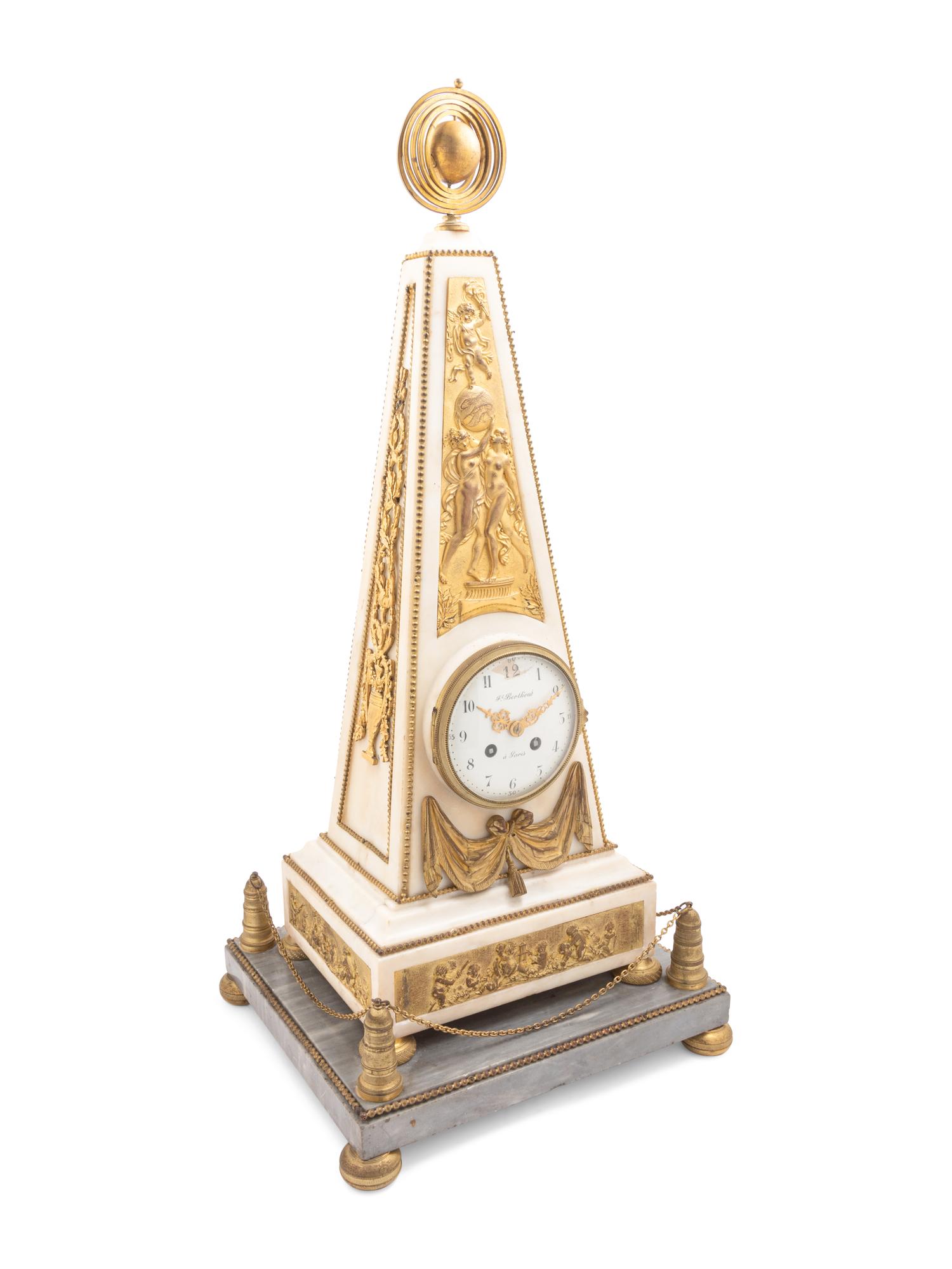 A Late Louis XVI or Directoire Gilt Bronze and Marble Obelisk Clock and Stand