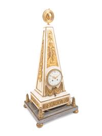A Late Louis XVI or Directoire Gilt Bronze and Marble Obelisk Clock and Stand