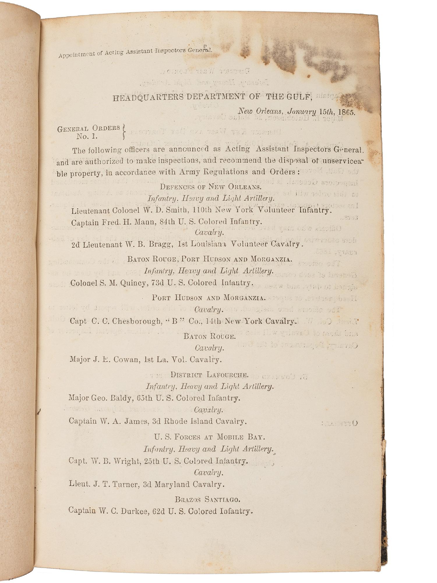 [CIVIL WAR]. Bound volume of General Orders and Circulars issued by the Department of the Gulf including orders related to Colored Troops, Freedmen, and Lincoln's Assassination, 1865.