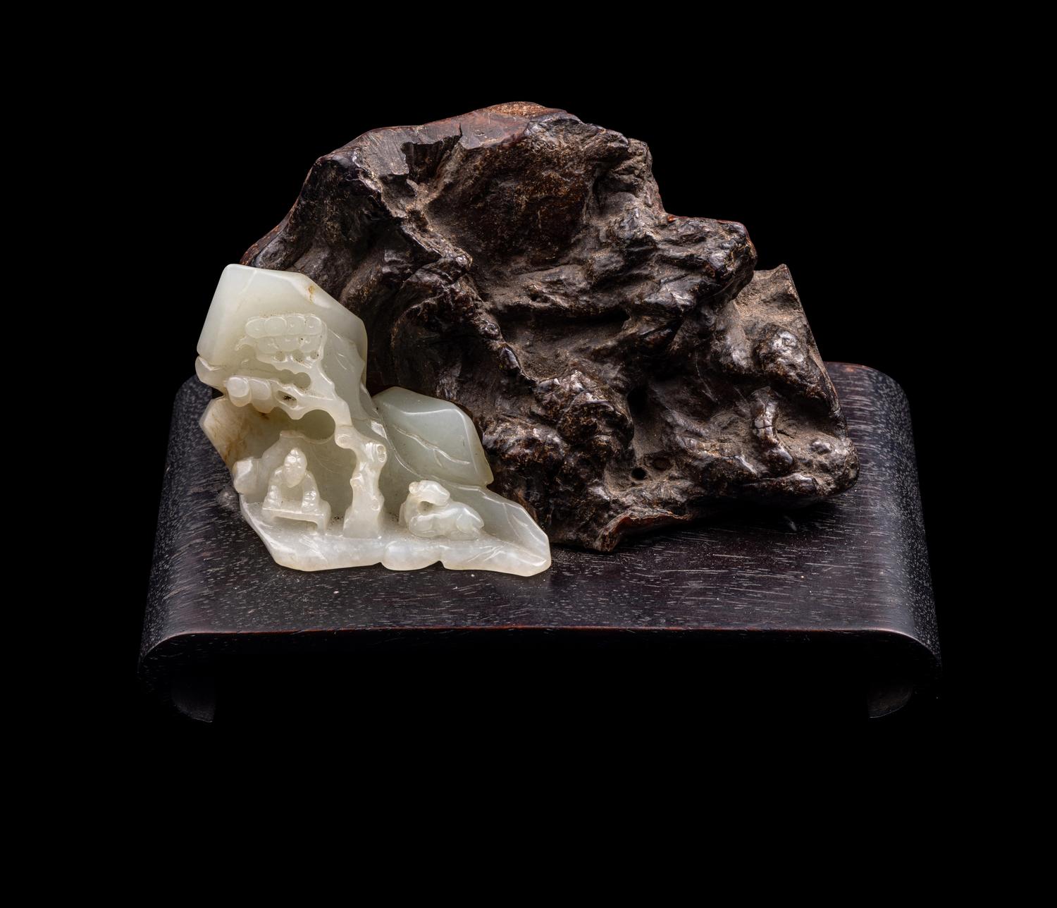 A Carved Celadon Jade and Rootwood Mountain
