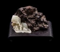 A Carved Celadon Jade and Rootwood Mountain
