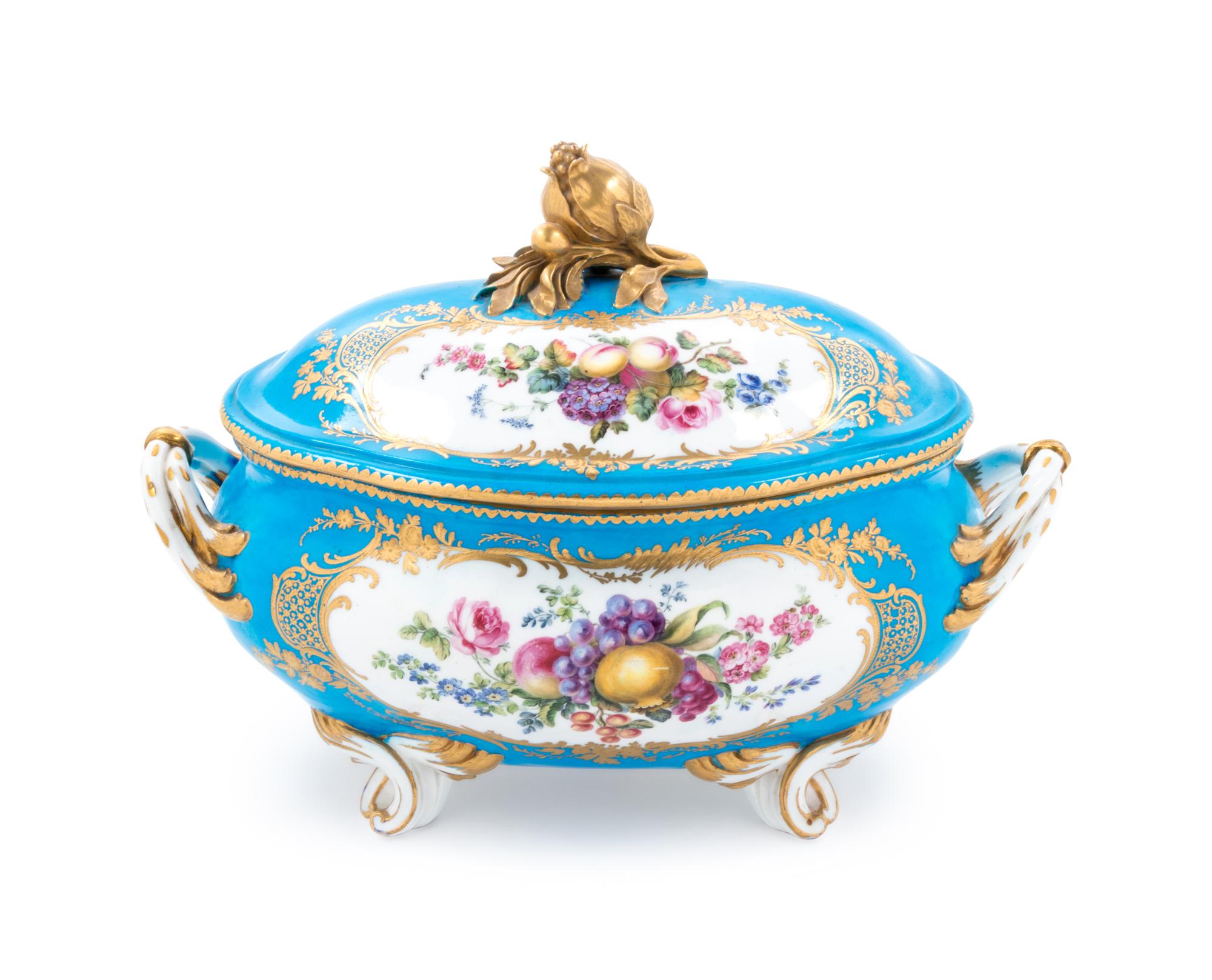 A Sèvres Painted and Parcel Gilt Turquoise-Ground Porcelain Covered Tureen