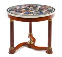 An Empire Style Gilt Metal Mounted Mahogany and Specimen Marble Gueridon Height 28 1/2 x diameter of top 36 inches. — 20TH CENTURY