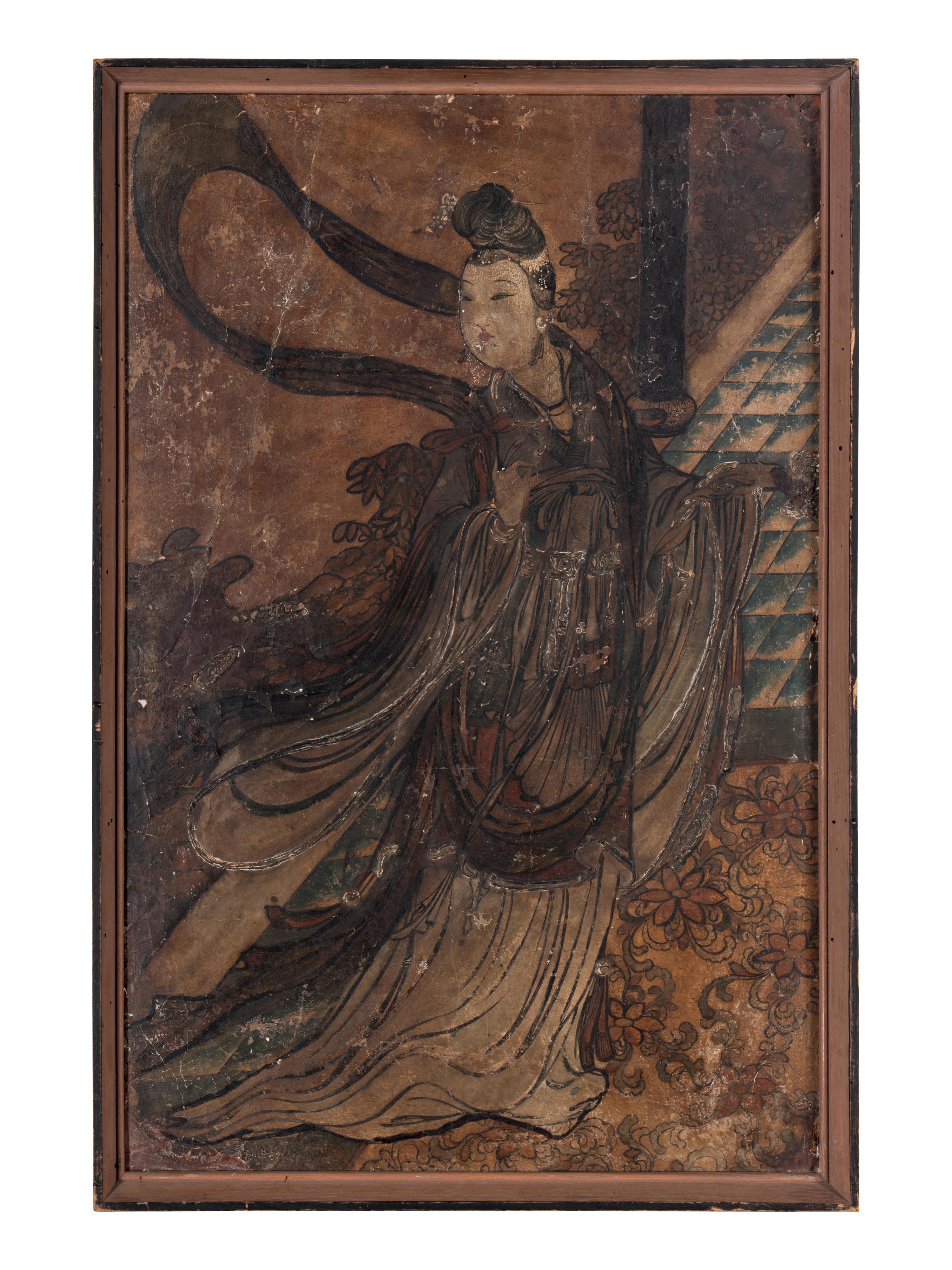 A Chinese Polychrome and Gilt Decorated Fragment of a Taoist Stucco Fresco, Yuan/Ming Dynasty 元/明 瀝粉貼金彩繪仕女圖壁畫