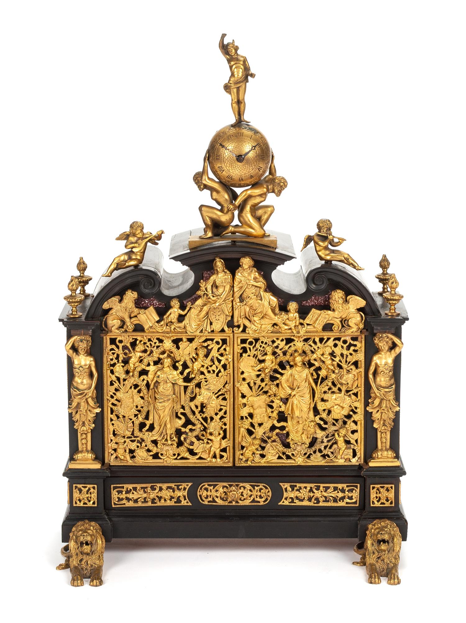 A Continental Gilt Bronze Mounted Porphyry and Lapis Lazuli Inlaid Ebonized Table Cabinet Height 25 1/4 x width 16 1/2 inches. — POSSIBLY AUSTRIAN, 19TH CENTURY