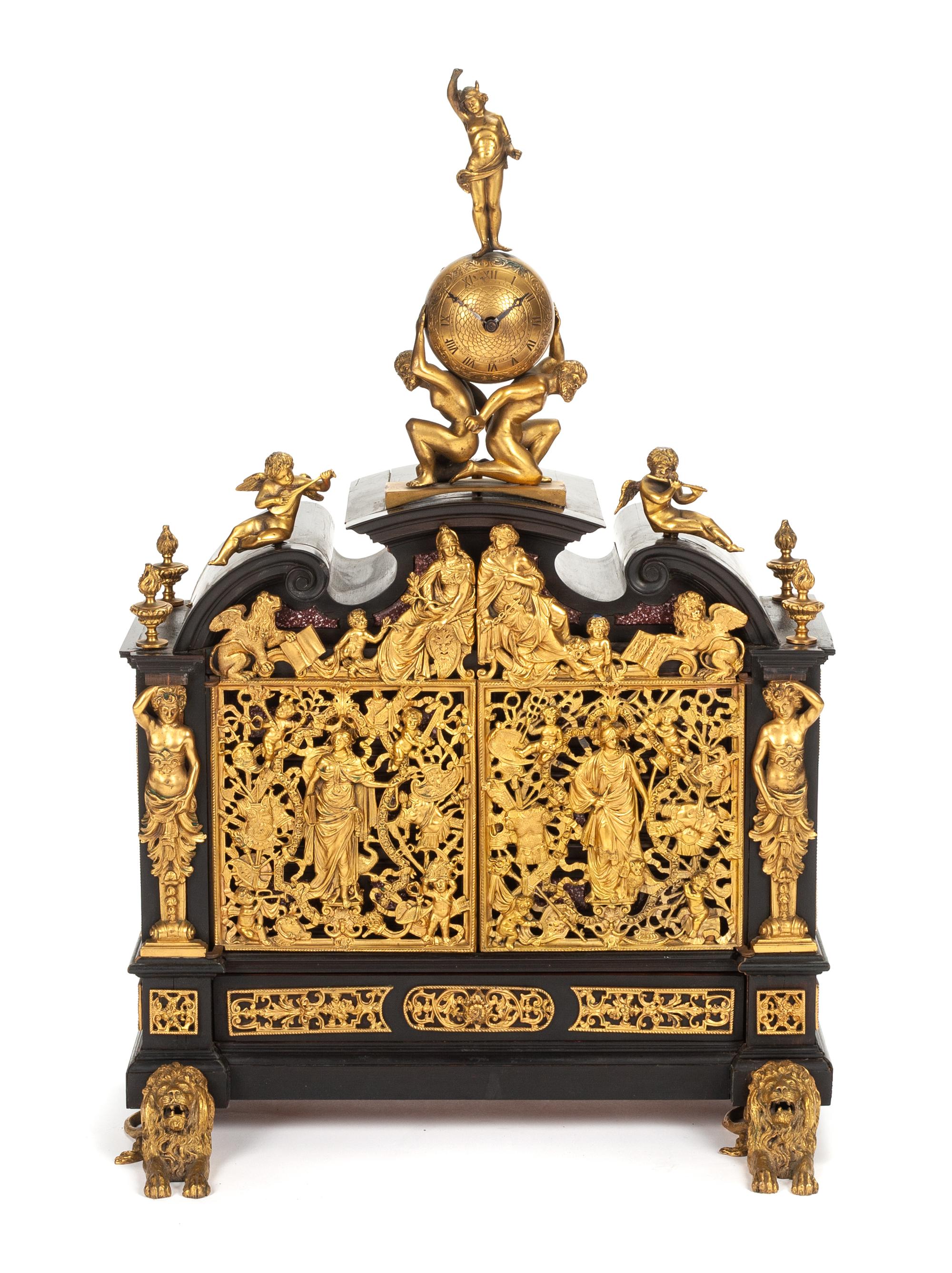 A Continental Gilt Bronze Mounted Porphyry and Lapis Lazuli Inlaid Ebonized Table Cabinet Height 25 1/4 x width 16 1/2 inches. — POSSIBLY AUSTRIAN, 19TH CENTURY