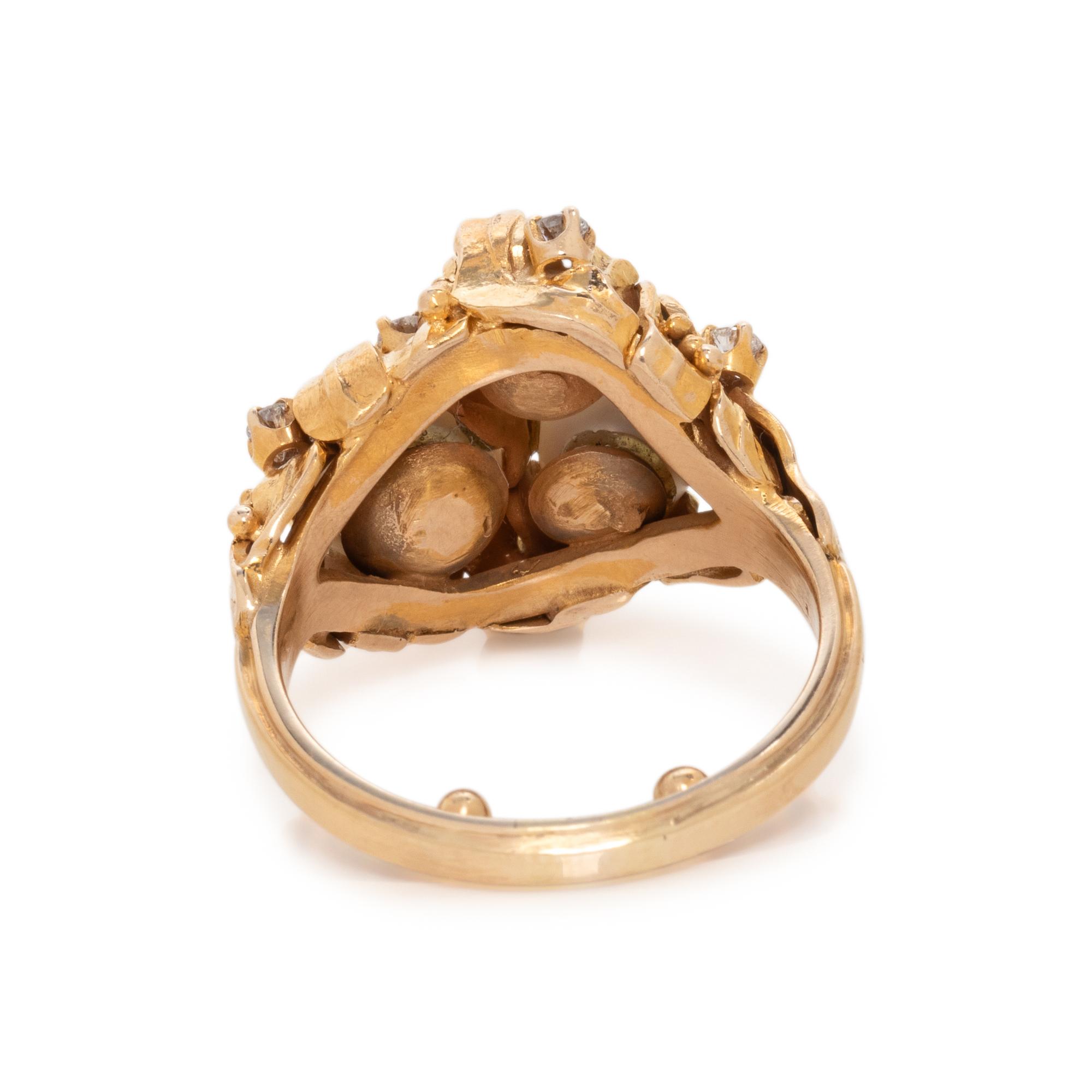 YELLOW GOLD, CULTURED PEARL AND DIAMOND RING