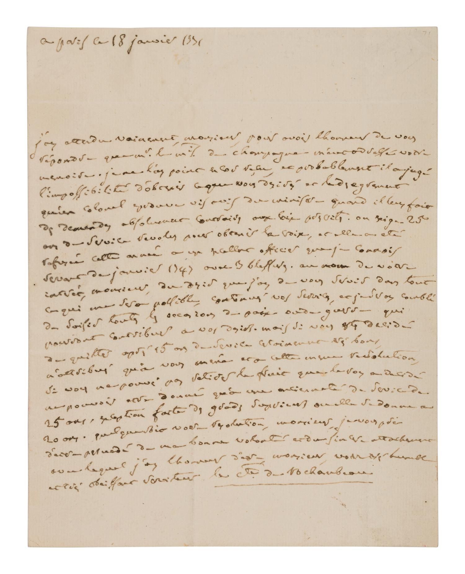 [ENGLISH & CONTINENTAL MANUSCRIPTS]. ROCHAMBEAU, Jean-Baptise, Comte de (1725-1807). Autograph letter signed ("Le Comte de Rochambeau") to unnamed officer dated 18 January 1771.