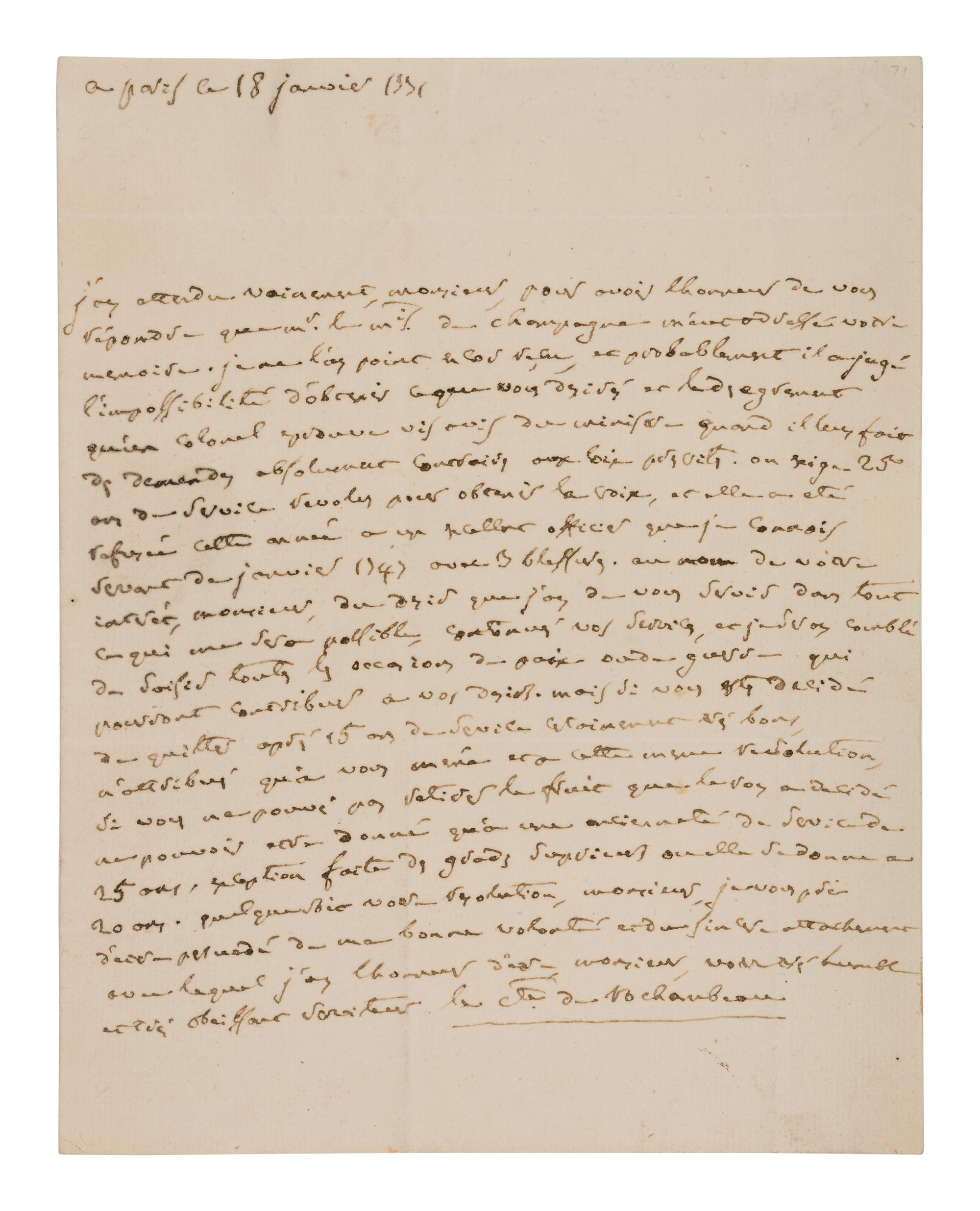 [ENGLISH & CONTINENTAL MANUSCRIPTS]. ROCHAMBEAU, Jean-Baptise, Comte de (1725-1807). Autograph letter signed ("Le Comte de Rochambeau") to unnamed officer dated 18 January 1771.