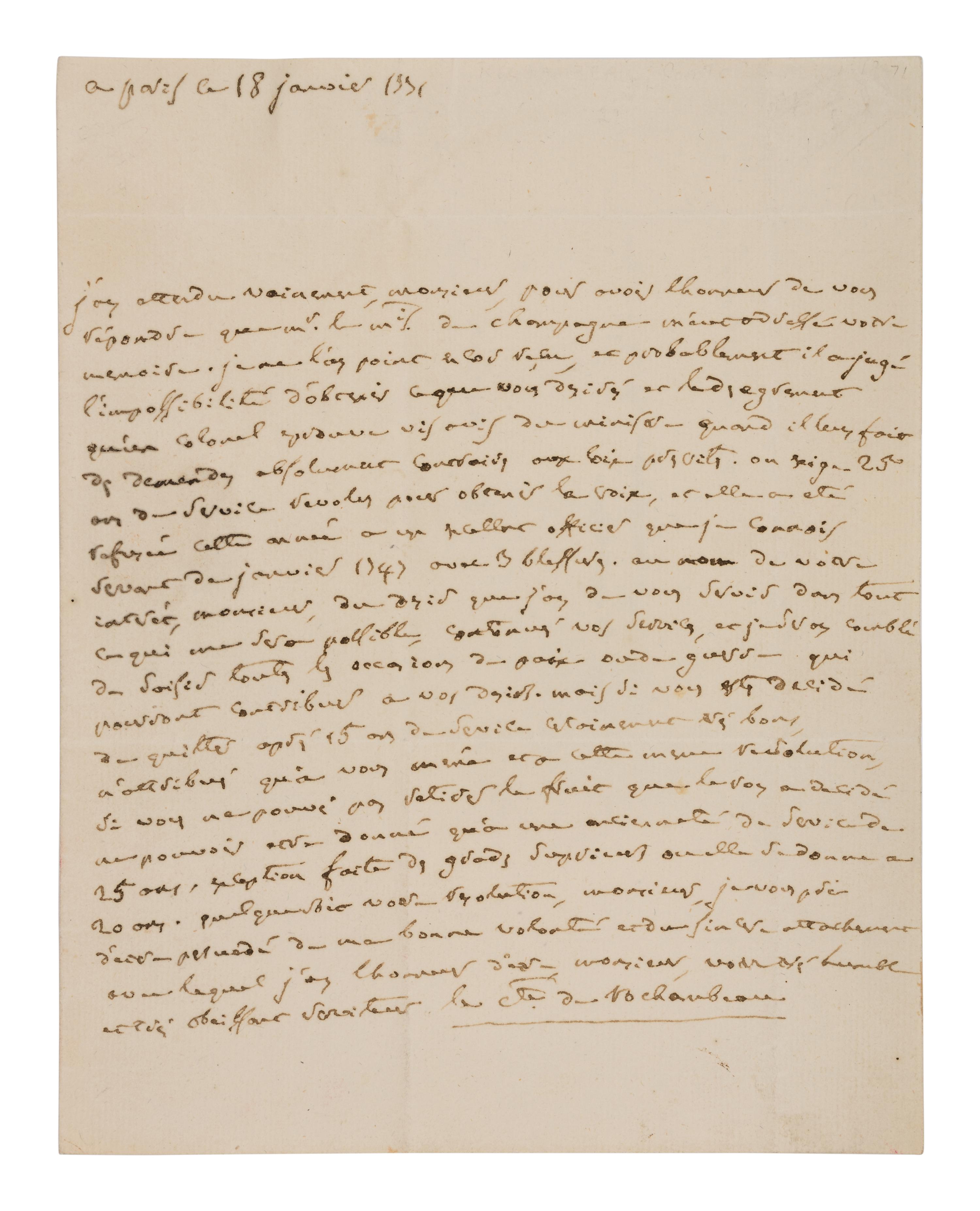 [ENGLISH & CONTINENTAL MANUSCRIPTS]. ROCHAMBEAU, Jean-Baptise, Comte de (1725-1807). Autograph letter signed ("Le Comte de Rochambeau") to unnamed officer dated 18 January 1771.