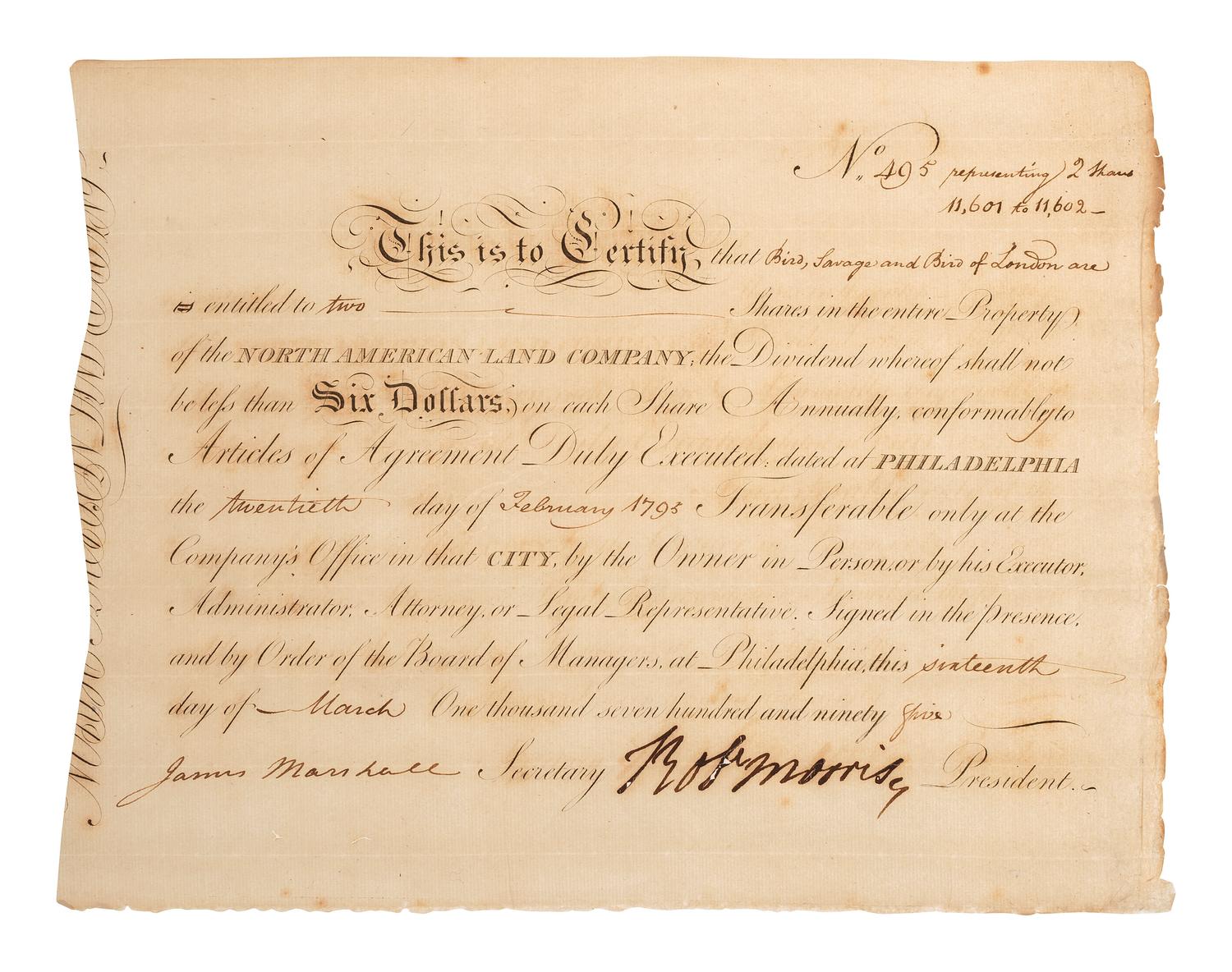 MORRIS, Robert (1734-1806). Document signed ("Robt. Morris") as Pres. of the North American Land Co.