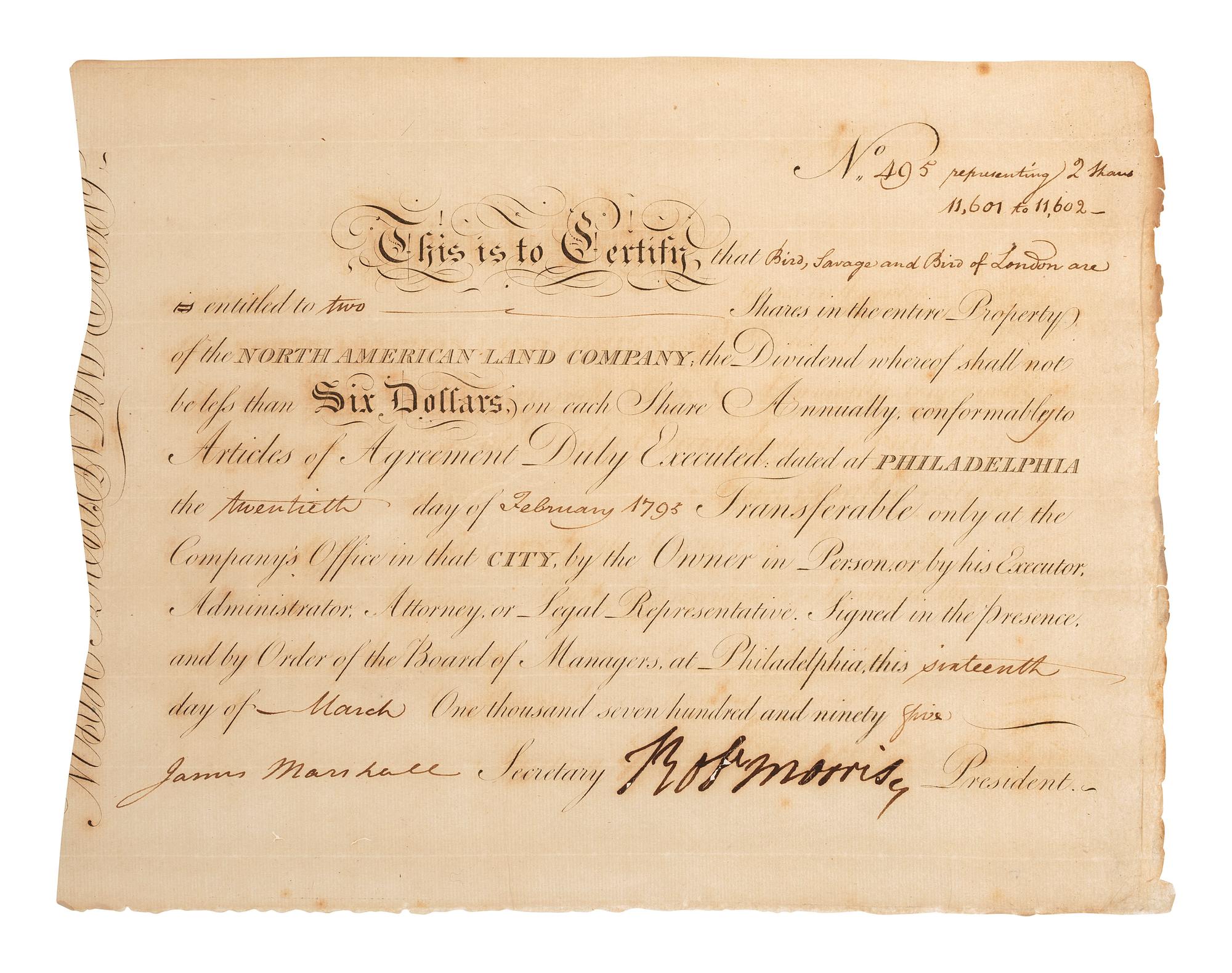 MORRIS, Robert (1734-1806). Document signed ("Robt. Morris") as Pres. of the North American Land Co.